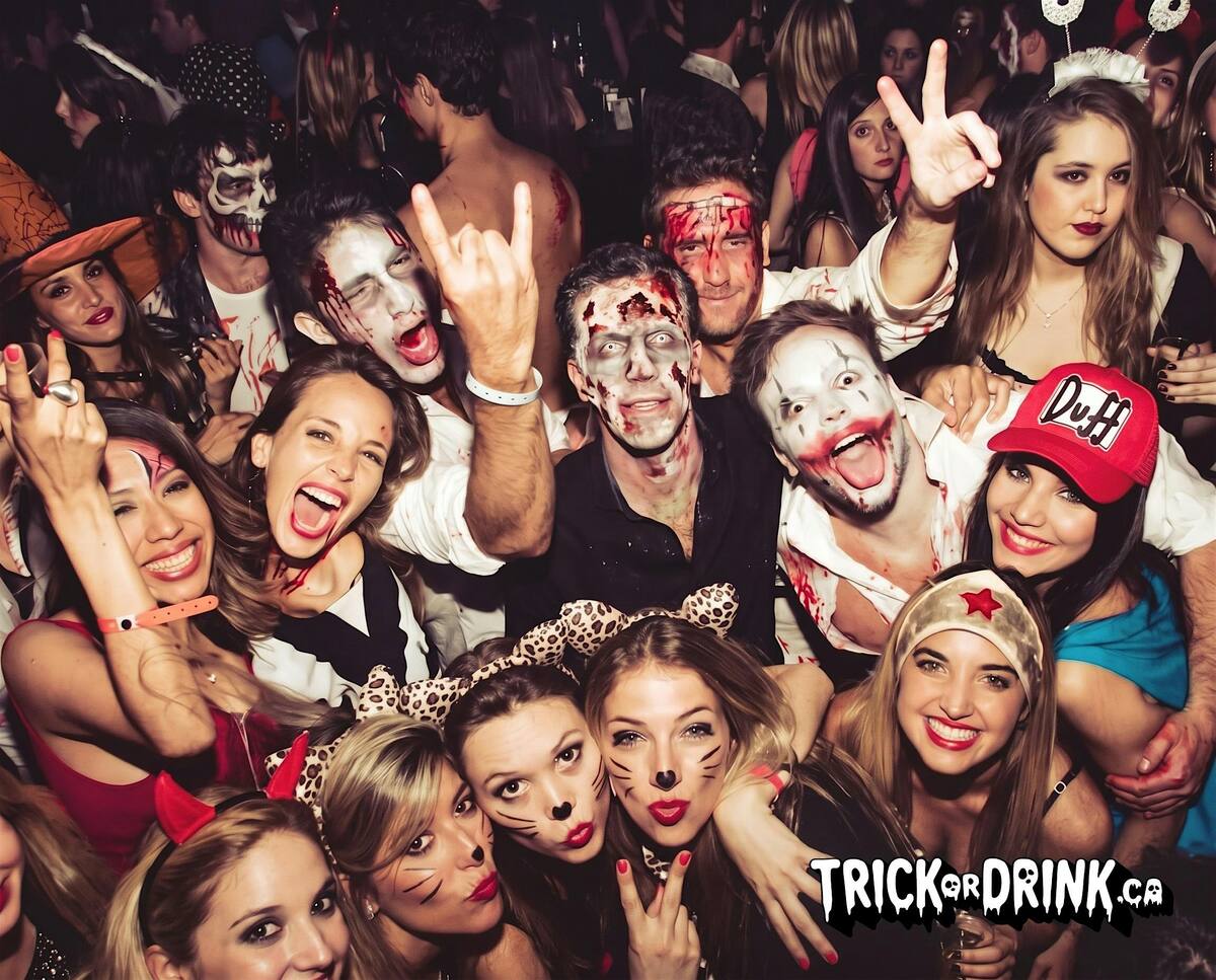 Crawlers in zombie and clown makeup packed into a club on a Trick or Drink Halloween crawl